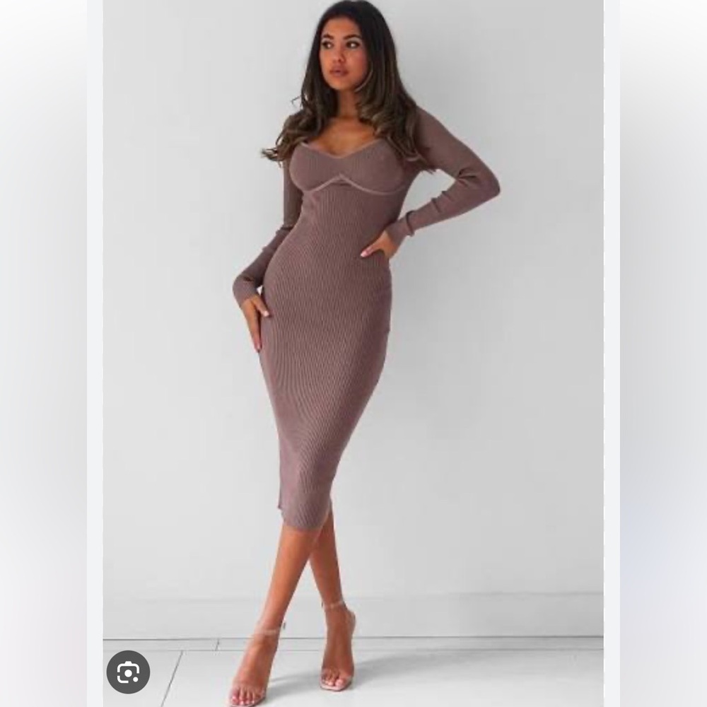 Missguided Long Sleeve Mocha Rib Knit Bust Sweetheart Midaxi Dress - Size 4